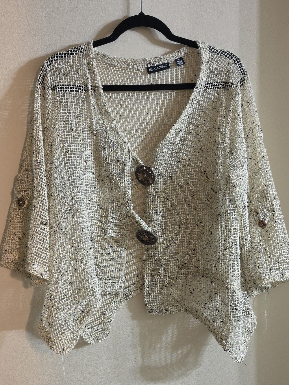 Nina Leonard Cream Open-Weave Button Cardigan